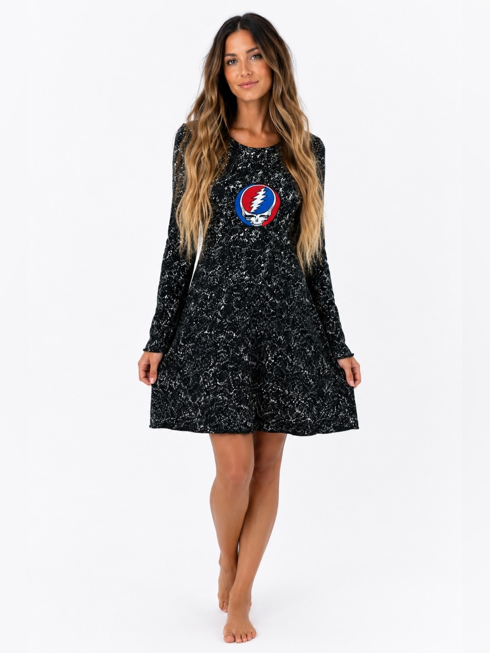 NWT Grateful Dead Dark Star Steal Your Face Embroidered Dress Black